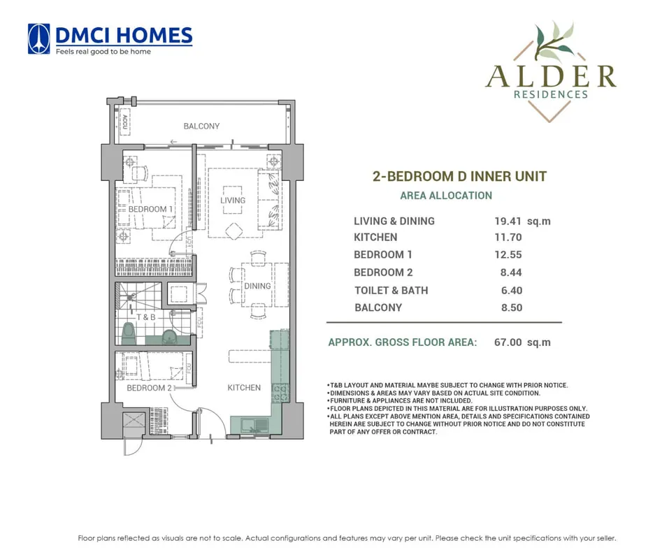 Alder Residences 2-Bedroom 67 sqm floor plan
