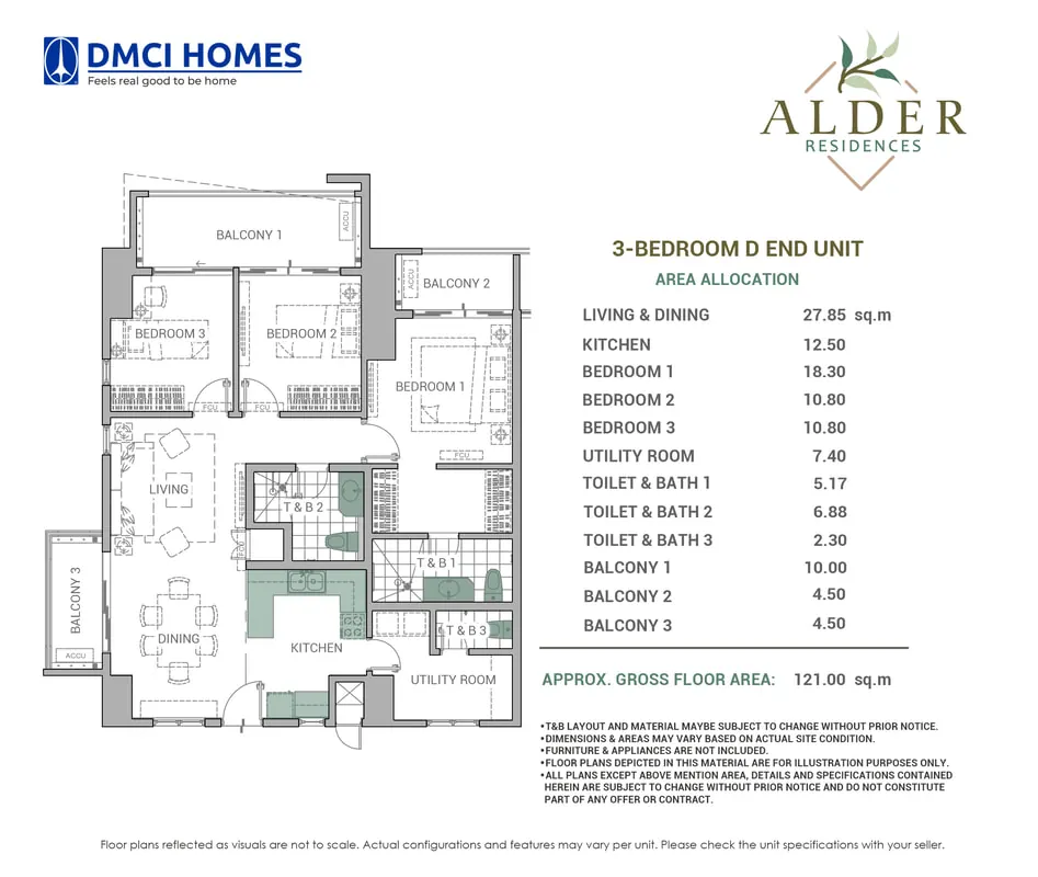 Alder Residences 3-Bedroom 121 sqm penthouse floor plan