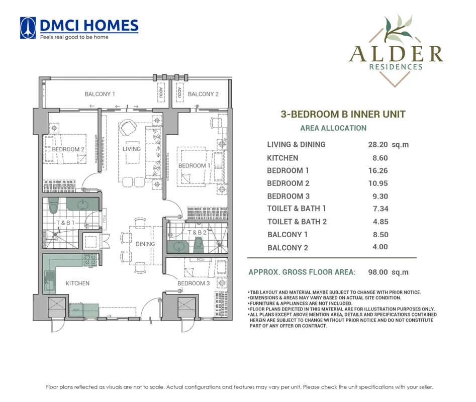 Alder Residences 3-Bedroom 98 sqm floor plan