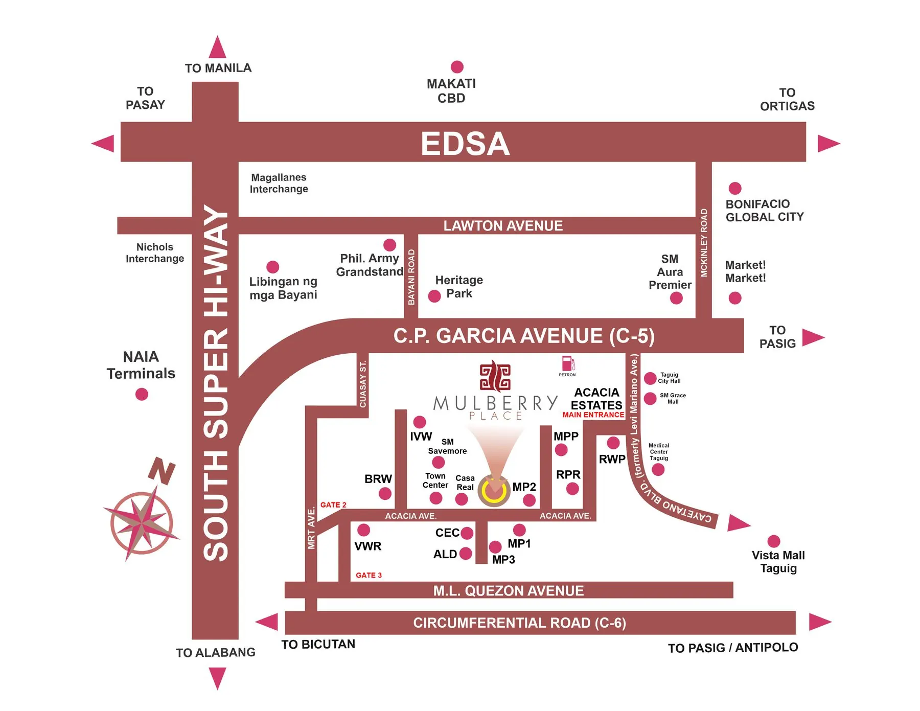 Location map — Mulberry Place in Acacia Estates relative to C-5, EDSA, BGC, Makati and NAIA