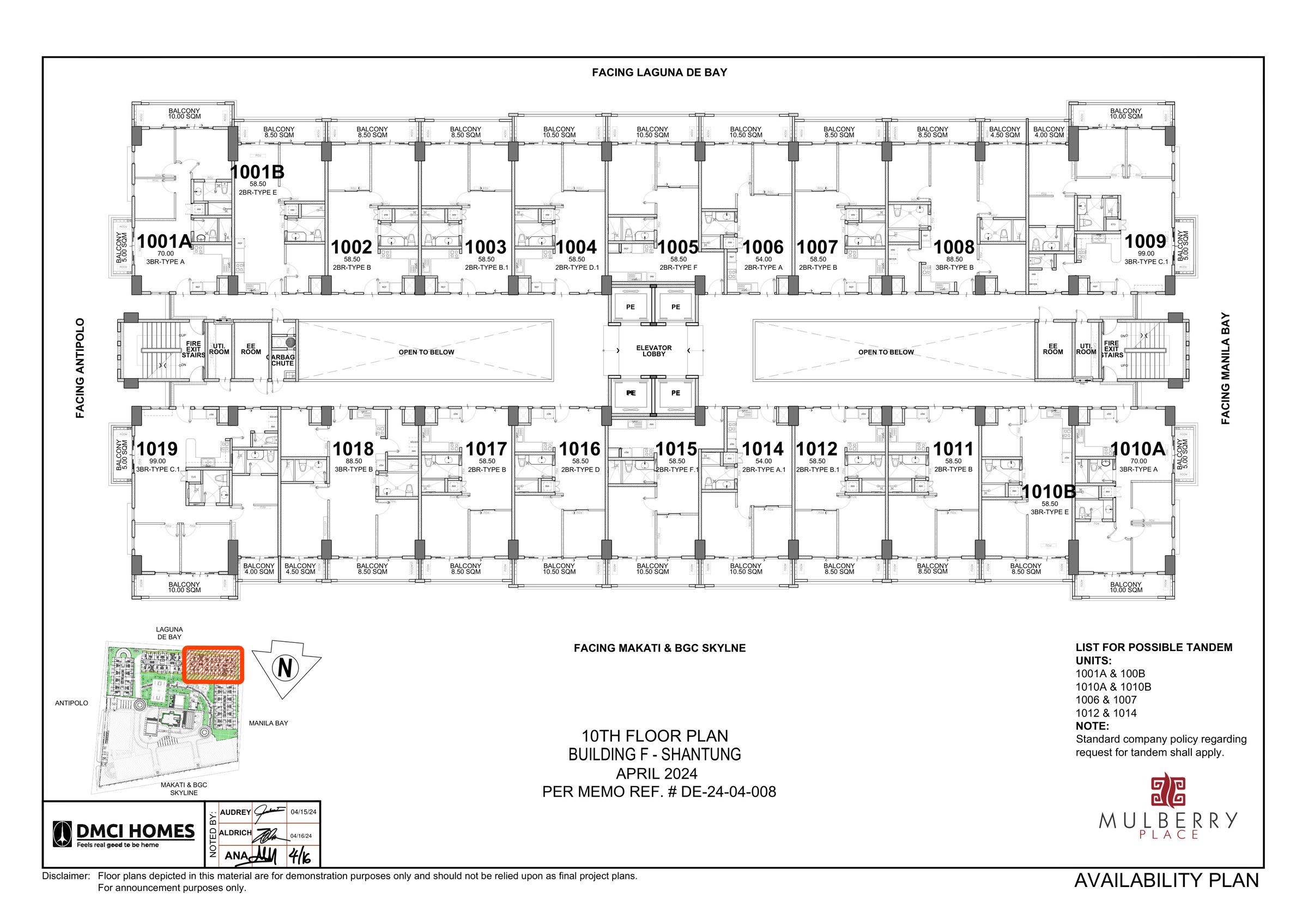 10th floor plan of Building F Shantung at Mulberry Place showing unit 1009