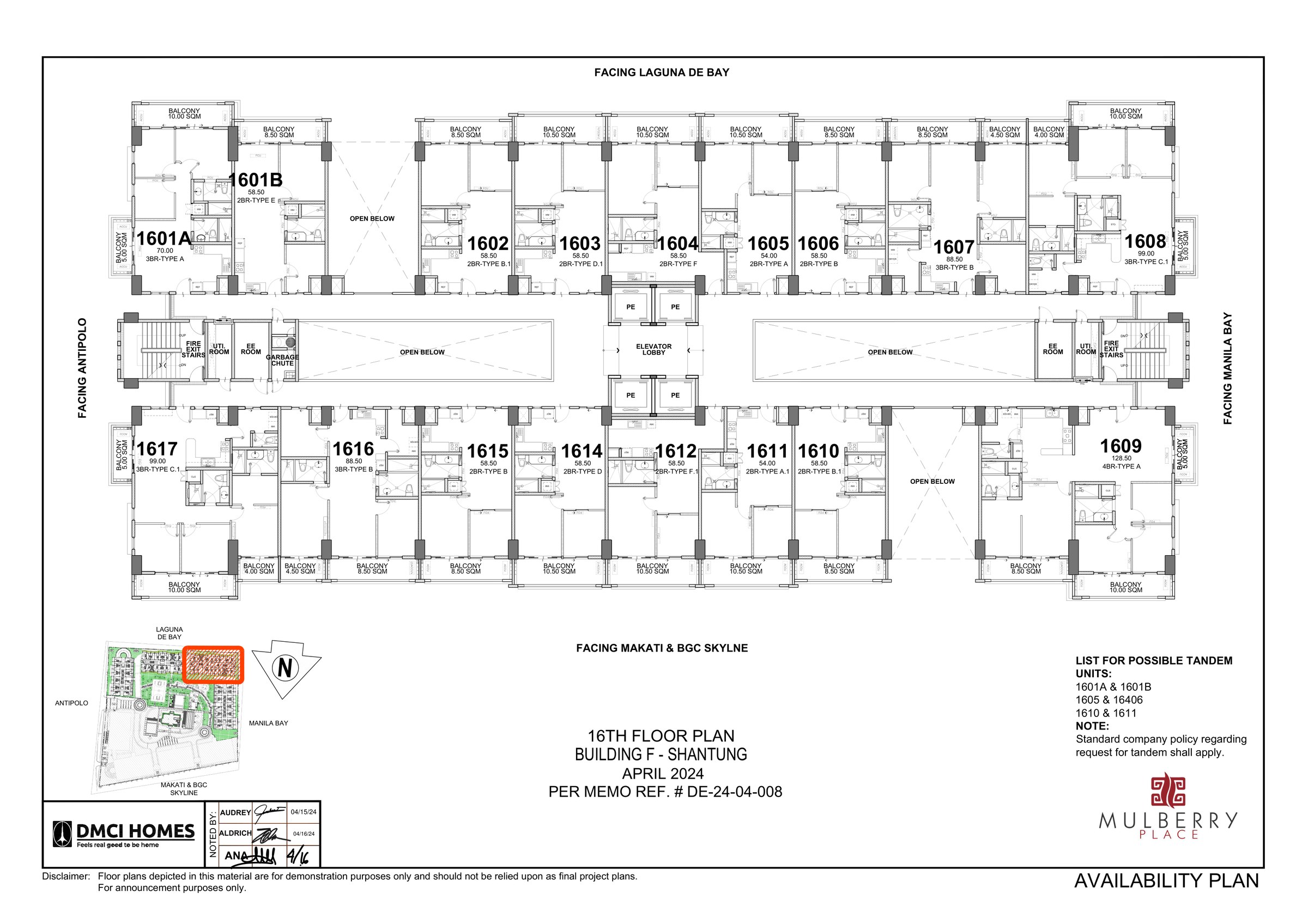 16th floor plan of Building F Shantung at Mulberry Place showing unit 1607