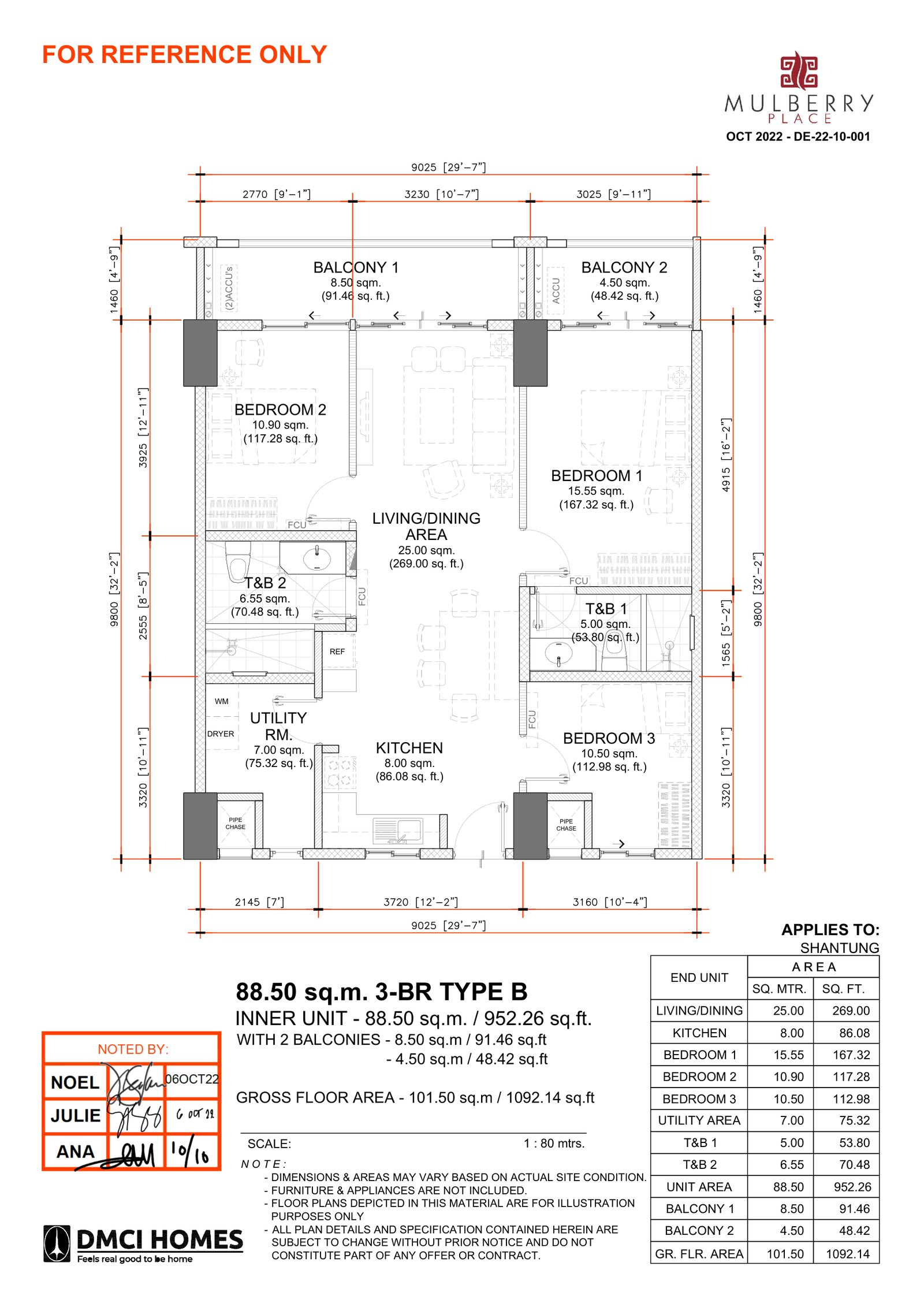 Unit layout plan for the 101.5 sqm 3-bedroom Type B at Mulberry Place Shantung, unit 1607