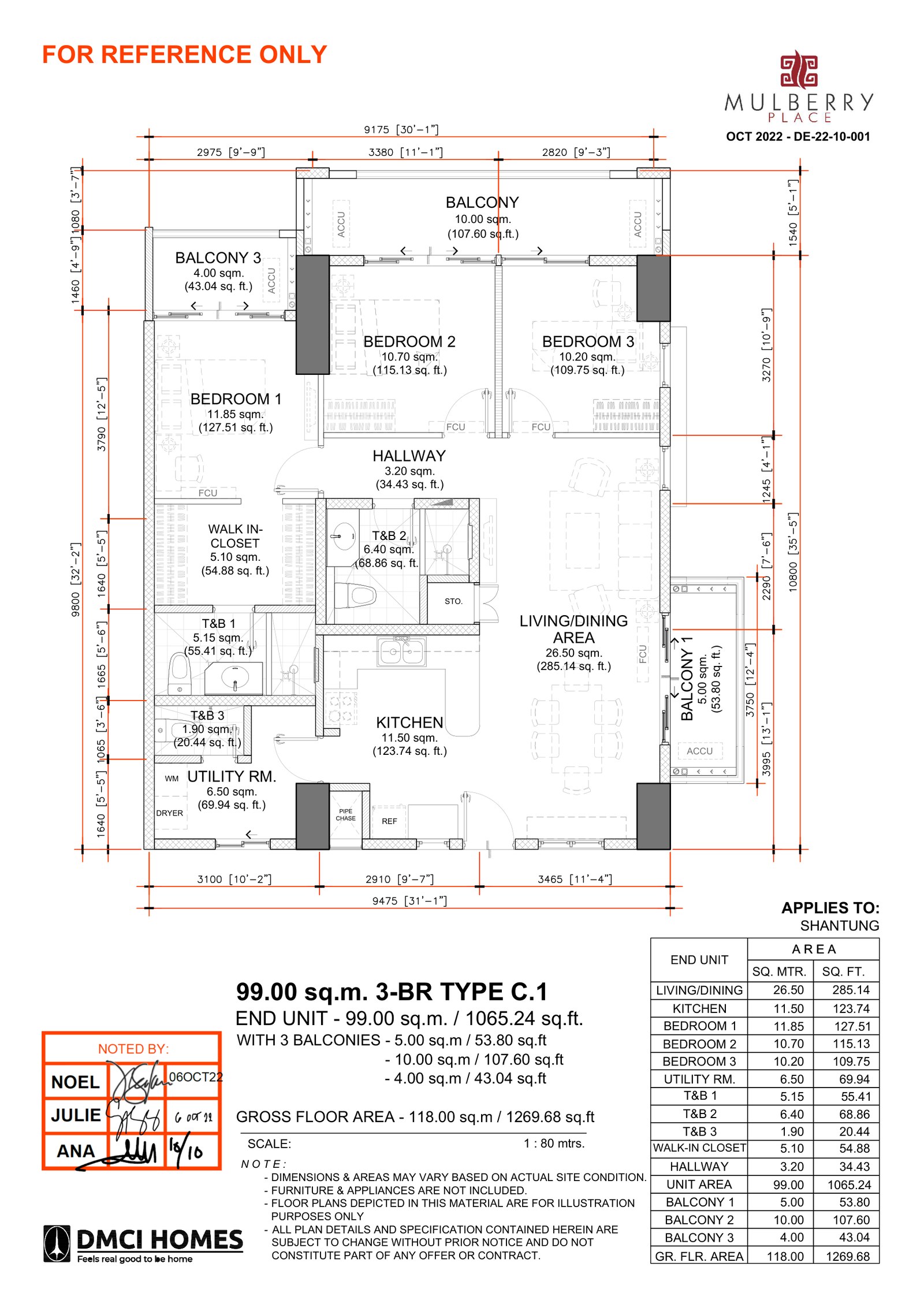 Unit layout plan for the 118 sqm 3-bedroom Type C.1 at Mulberry Place Shantung, unit 1009