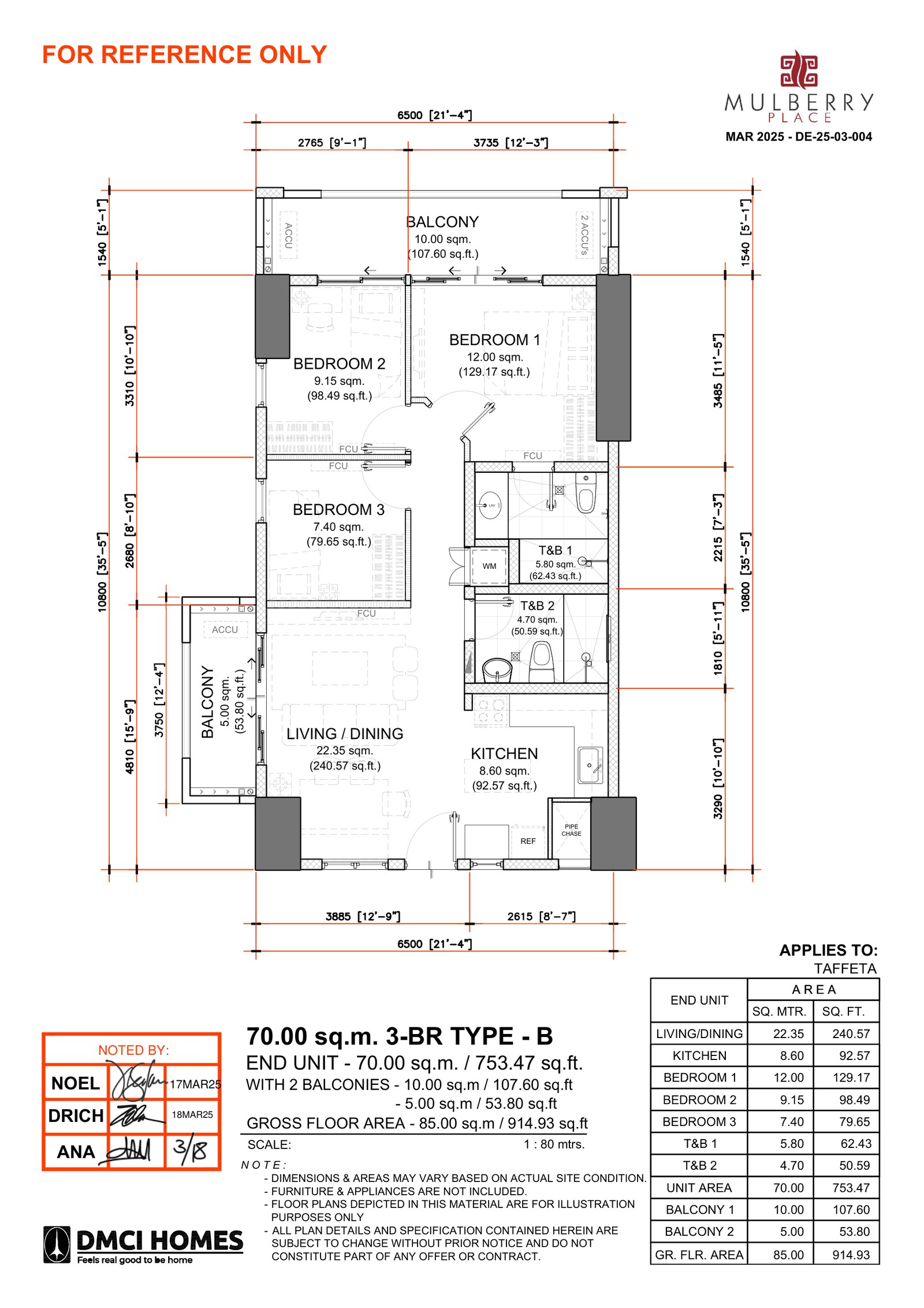 Unit layout plan for the 85 sqm 3-bedroom Type A at Mulberry Place Shantung, unit 809A