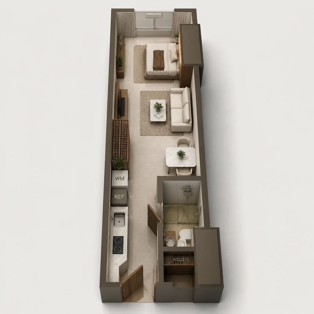 The Valeron Tower Studio Unit 3D floor plan — 32 sqm